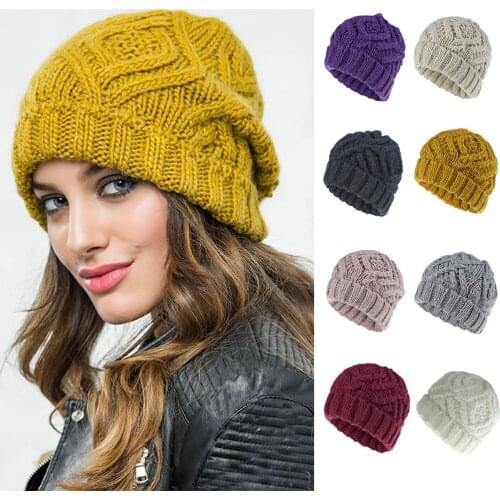 2021 New Winter Solid Color Woolen Knit Hat Womens Fashion Rhombus Checkered Soft Hat Thick Warm Hooded Leisure Ski Hat