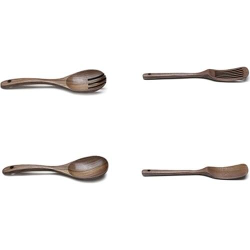 New Natural Wooden Kitchen Cooking Spoons Large Salad Server Wood Fork Spoon Cutlery Set Wooden Utensils Tableware, 4PCS