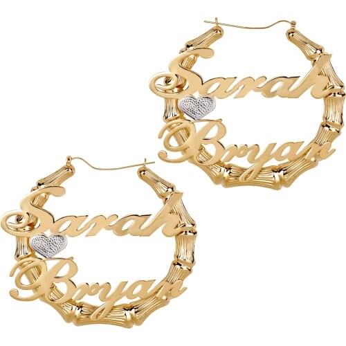 Custom Name Bamboo Earring Personalized Gold Plated Stainless Steel Double Letter Hoop Bamboo Earrings Jewelry Gift For Women