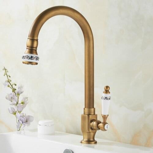 Cold kitchen Sink faucets Antique Bronze Brass ceramics Finished 360 Degree Single Hole Water Tap Cooper Kitchen Tap