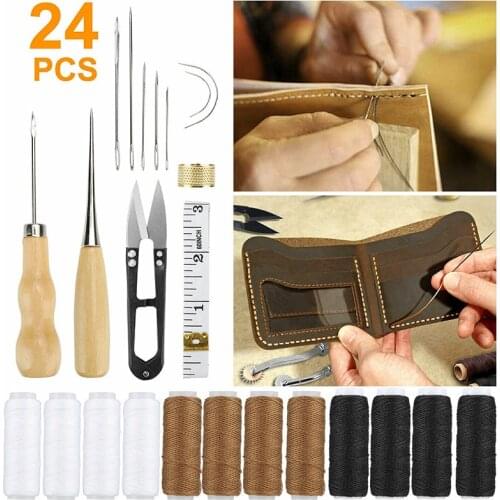 Creative 24Pcs Leather Craft Tools Kit Leather Hand Sewing Stitching Punch Carving Set DIY Saddle Leather Crafts Making Supplies