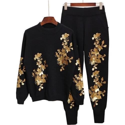 High Quality Casual Sweater Sets Women Tracksuit Top Long Pants Knitted Suit Winter Embroidery Two Piece Set