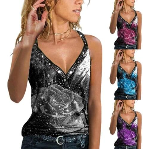 Womens Sleeveless T-shirt 2021 New Summer Fashion Plus Size Clothing Shirt New Loose V-neck Flower Print Vest Sexy Tops