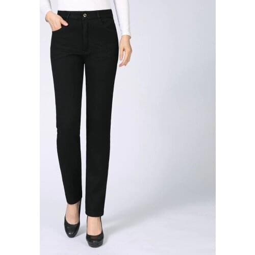 Women Black Denim Pants Winter Warm Thick Slim Fit Straight Jean Trouser Woman Fleece Liner Thermal Zipper Front Jeans Bottom