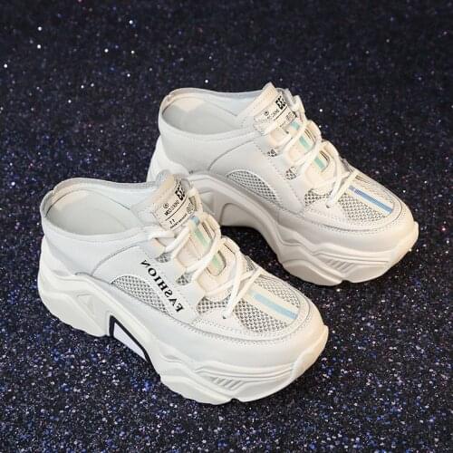 Yiluan Brand Leather Increase Half Slippers Mesh 2020 Summer New Platform 8cm Womens Shoes Fashion Casual Lazy Shoes Woman