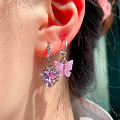 Flatfoosie New Multicolor Shiny Butterfly Drop Earrings for Women Fashion Heart-shaped Rhinestones Earrings Temperament Jewelry