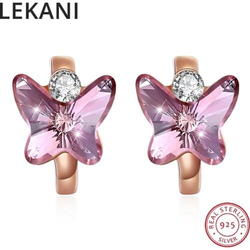 LEKANI Crystals From Swarovski Butterfly Stud Earrings Cute Bowknot Gold Plated Piercing S925 Silver Fine Jewelry For Women Gift