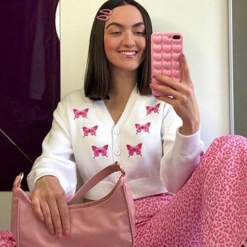 Womens sweater Butterfly Embroidery Cardigan button knit Winter Cute Cardigan for women y2k Long sleeve Short Blouse Sexy Slim