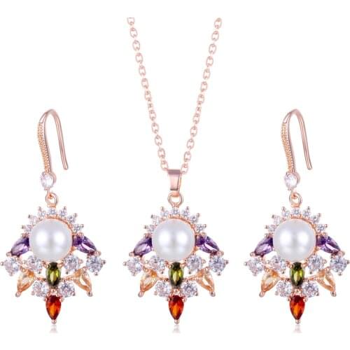 Korean Pearl Earrings Sets Women Moissanite Zircon Flower Shape Pendant Chain Necklaces For Bridal Wedding Jewelry Sets