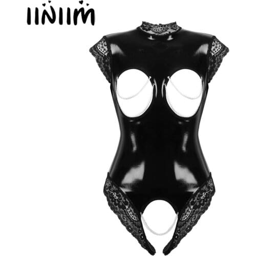 Womens Wetlook Body Suit Patent Leather Lingerie Open Cup Bras Sissy Crotchless Lace Trimmed Exotic Teddies Bodysuit Nightwear