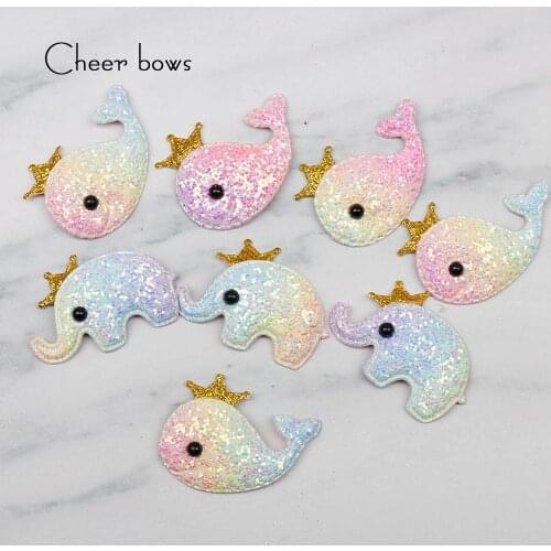 Cheer Bows Shiny Glitter Padded Patches Crown Dolphin/Elephant Appliques DIY Baby Clothes Hair Clips Ornament Accessories 10pcs