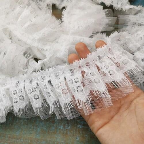 Beige Double Layer Pleated Eyelashes Mesh Embroidered Lace Fabric DIY Bodies Collar Cuffs Fluffy Doll Skirt Sewing Ribbon Trim