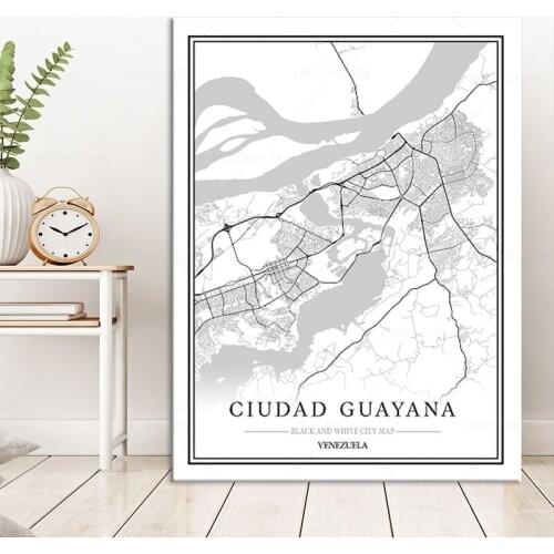 Black and white Posters CIUDAD GUAYANA map wall art canvas painting hd print for Living room Bedroom Bar Cafe Home Decoration