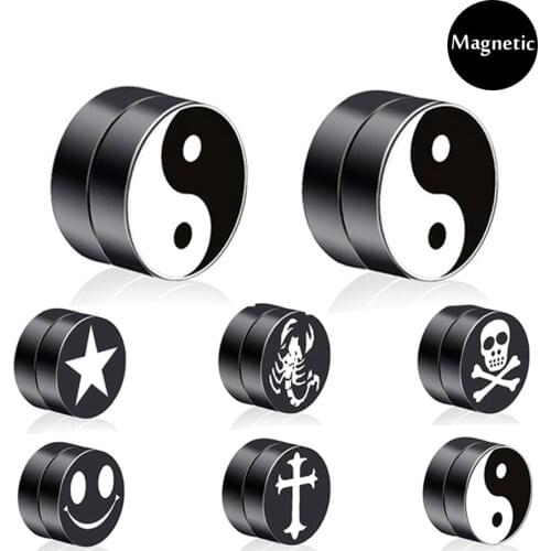 1pc Black Magnetic Fake Ear Stud Cuff Tragus Earrings Set Plug No Piercing Clip Men Stainless Steel Circle Magnet Jewelry Gifts