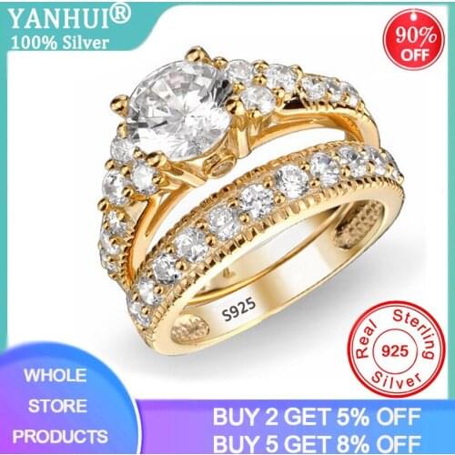 With Certificate Original 925 Silver Gold Color Rings Set Christmas Gift Jewelry Top Cubic Zirconia Wedding Rings Band for Women