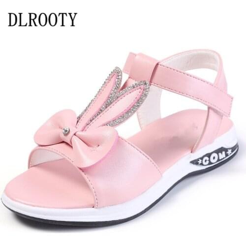 Summer Children Sandals Shoes Girls Bowtie Crystal Rabbit Princess Kids Party Fashion Beach Hook & Loop Flat Toddler Baby