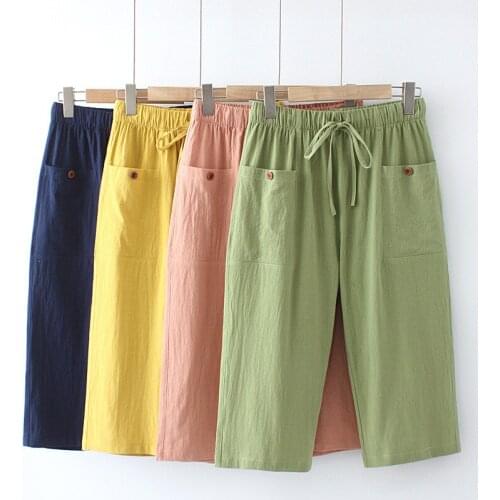 Plus Size Pants With Pockets Cotton And Linen Fabric Elastic Waist Candy Color Loose And Comfortable Summer Leggings In Summer