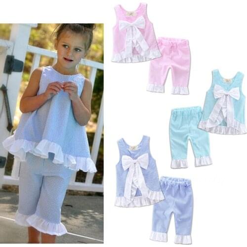 Summer 2019 Cute Kids Baby Girls Big Bow Vest Tops + Shorts Pants Clothes Outfits Set Patchwork Sleeveless Girls Clothes Set