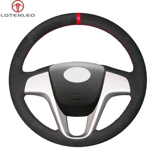 LQTENLEO Black Suede DIY Hand-stitched Car Steering Wheel Cover for Hyundai Solaris Verna i20 2008-2012 Accent