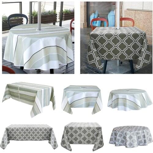 Oilproof Polyester Fitted Outdoor Patio Table Cloth w/ Umbrella Hole Coffee Table Cover for Garden Backyard Family Gatherings
