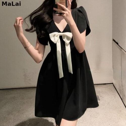 Kawaii Dress Women Causal Korean Fashion Bow Elegant 2021 Summr Evening Party Dress Females Puff Sleeve Black Vintage Dresses