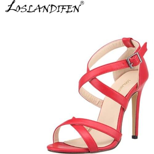LOSLANDIFEN Fashion Open Toe High Heels Shoes Ladies Matte Leather Pumps Women Summer Woman Casual