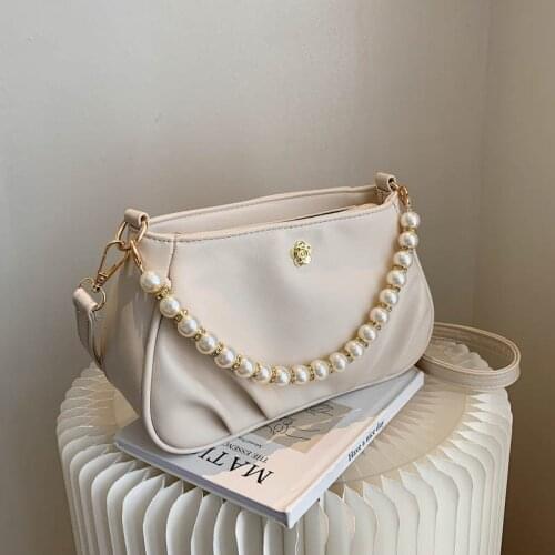 Solid Color Shoulder Bags For Women 2021 Brand New Pearl Chain Fold Cloud Tote Crossbody Bag Ladies Elegant Retro Handbag Summer