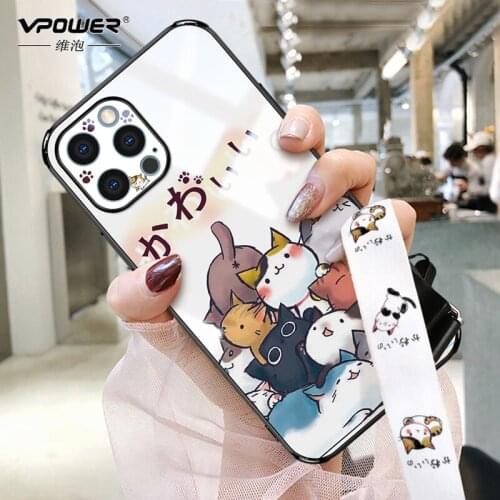 Painted frame cute cat Tempered Glass Phone Cases For iPhone 11 12 Pro Max 12 mini glass case + lens protect film Cover shell