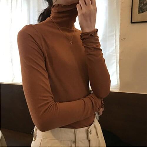 Autumn High-neck Women T-shirt Base Solid Color Slim Polo Shirt 2021 Fashion Clothing Retro Long Sleeves Ropa Plus Size Mujer