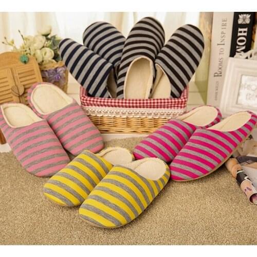 Women Striped Indoor Slippers Non-Slip Warm Autumn Winter Cotton Floor Slippers Unisex Home Chaussures Shoes