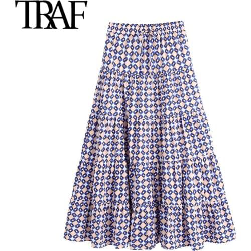 TRAF Women Chic Fashion Geometric Print Ruffled Midi Skirt Vintage High Elastic Waist Drawstring Female Skirts Mujer