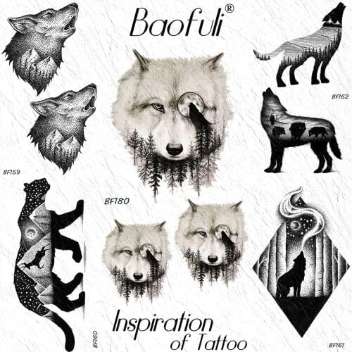 Baofuli Wolf Mountain Forest Moon Temporary Tattoos Sticker Galaxy Leopard Fake Tattoos Women Men Black Tatoo Body Art Arm Hand