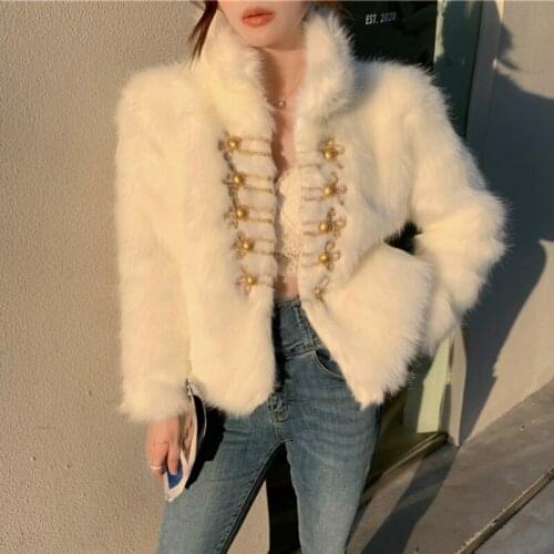 Elegant Faux Mink Fur Coat Female Autumn Winter Loose Imitation Fur Jacket Metal Buttons Single-breasted Stand Collar Crop Tops