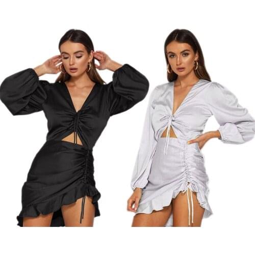 Ladies Sexy Drawstring Dress V Neck Short Dresses Long Sleeve Mini Club Dress Party Dress