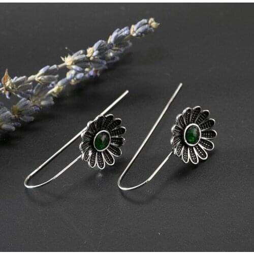 2021 trend new 925 Antique Silver Lotus Emerald Plated Earrings Womens earrings pendientes punk bijouterie female luxury brand
