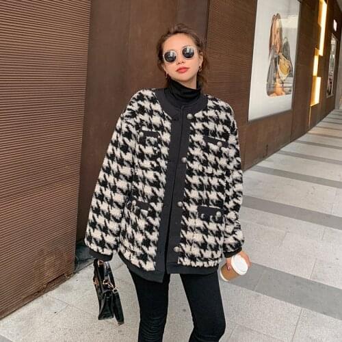 Womens Lamb Wool Coat Short Winter Korean Houndstooth Thick Single-breasted Round Splicing Fashion Long Sleeve Jacket Female 2Y