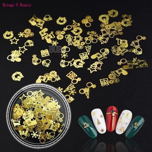 1 box 120pcs/box Celebrate Christmas Golden Nail Sequins Paillette 3D Metal Nail Art Decoration Snowflake Christmas Boots Trees