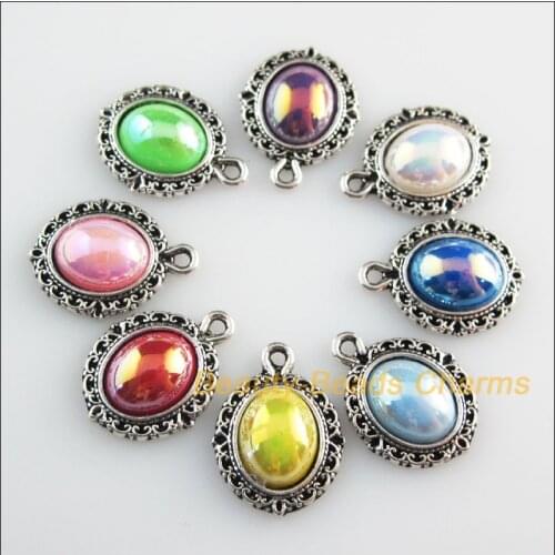 24 New Charms Mixed Acrylic Flatback Oval Pendants Tibetan Silver Tone 13.5x18mm