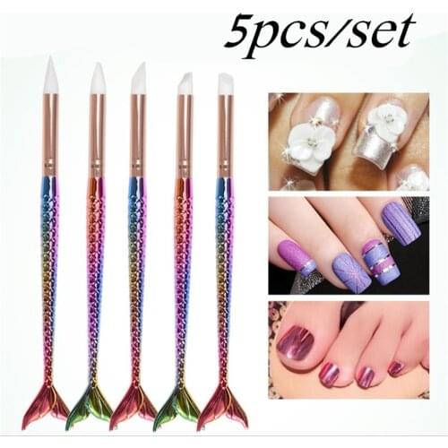 5pcs/set Crystal Silicone Head Nails Mermaid Pen Holder Tools Nail Art Paint Sculpture Pen Design Acrylic Tassels Brush