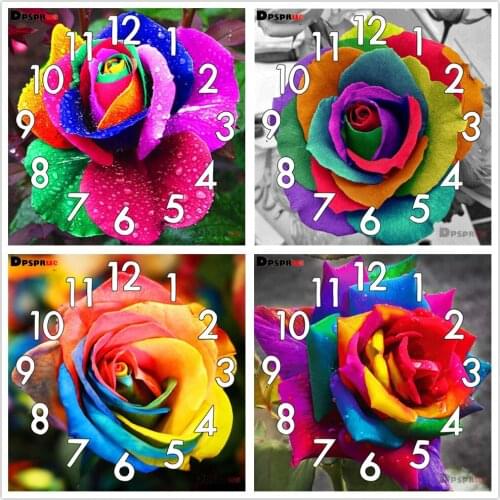 Dpsprue Full Diamond Painting Cross Stitch With Clock Mechanism Mosaic 5D Diy Square Round Flower 3d Embroidery Gift HG211