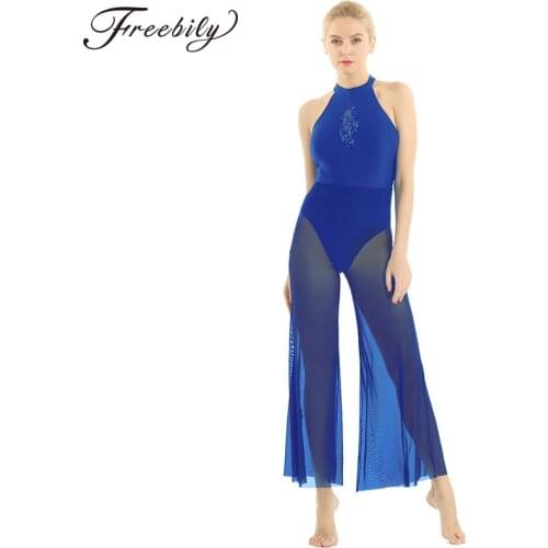 Ballet Leotards Women Halter Neck Sleeveless Open Back Sequin Lace Insert Bodice Flare Culottes Leotard Lyrical Dance Jumpsuit