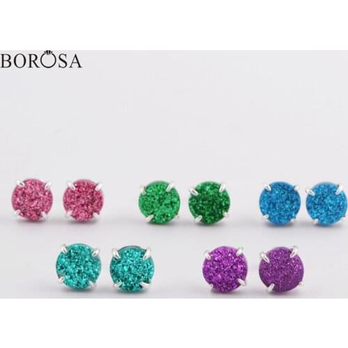 BOROSA 5Pairs Silver Plated Claw Round 10mm Natural Agates Druzy Titanium Rainbow Drusy Stud Earring Women Jewelry ZS0412