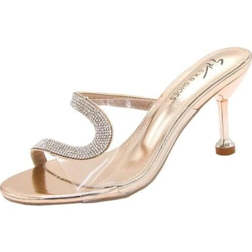 Women sandals PU Slip On 7.5CM Thin Heels High heels Round Toe Rhinestones Bling Shallow sandal women shoes 2020 size 35-42