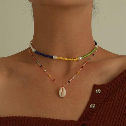 Shell Pendant Chain Necklace Women Jewelry Girl Double layer Multi Color Beads Oval Pearl Necklace for Women Gifts Collier Femme