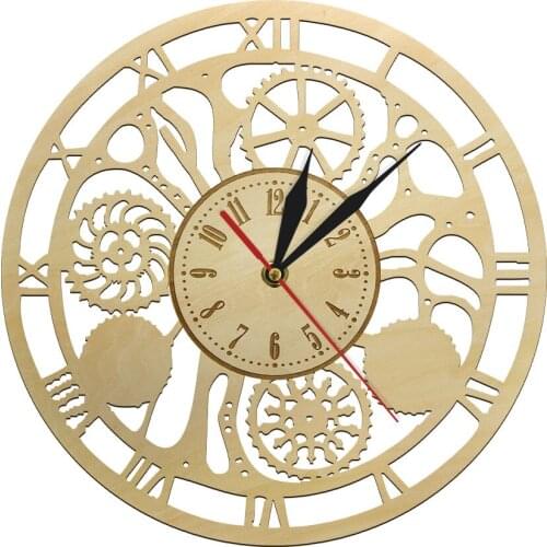 Skeleton Gears And Cogs Wall Watch Clock Wooden Decorative Round Art Rustic Quiet Sweep Quartz Wall Clock Wheels Decorative
