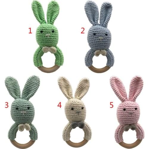 Baby Bunny Ear Teether Wooden Crochet Teething Ring Newborn Sensory Shower Gift 24BE