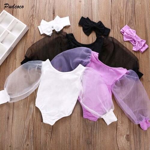 2020 New 0-12M Infant Kids Girls Bodysuits Lace Puff Long Sleeve Solid Jumpsuits Clothes Spring Princess Tops For Baby 2 Colors