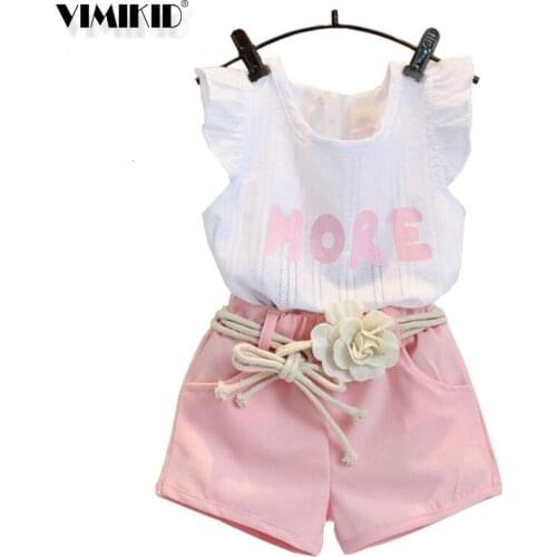 Summer Girls Fashion Set Letter MORE Flying Sleeve Top Shorts Belt 3 Piece Set Girl Clothes Set Cotton Apparel