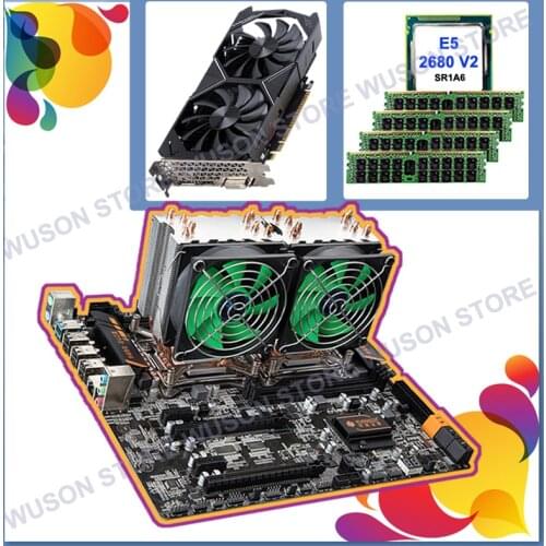 HUANANZHI X79-4D Motherboard M.2 Slot Dual CPU Intel Xeon E5 2680 V2 with Coolers RAM 64G(4*16G) 1866 Video Card GTX1050Ti 4G