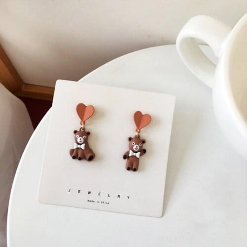 Cute Vintage Brown Cartoon Bear Heart Earring For Women Simple Elegant Lovely Animal Retro Drop Ear Jewelry Accessories 2021 New